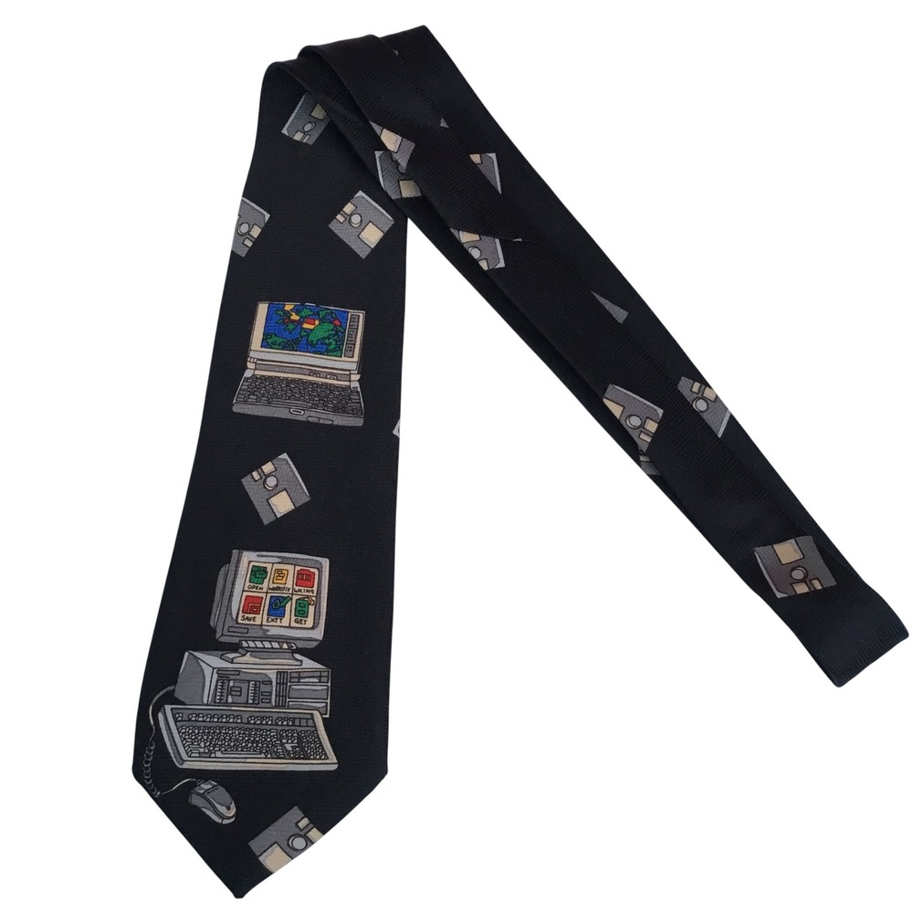 Vintage Everyday Mens Computer Floppy Disk Tech Novelty Tie Black Polyester